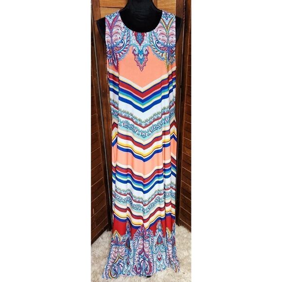NEW ROAMANS STRIPED PAISLEY PRINT SLEEVELESS LONG LIGHT MAXI DRESS SIZE 14/16 - Picture 1 of 5